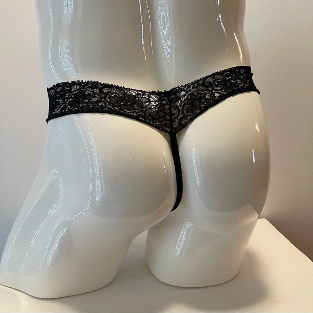 Mens Thong Lace Black Medium Floral Sheer New With Tags